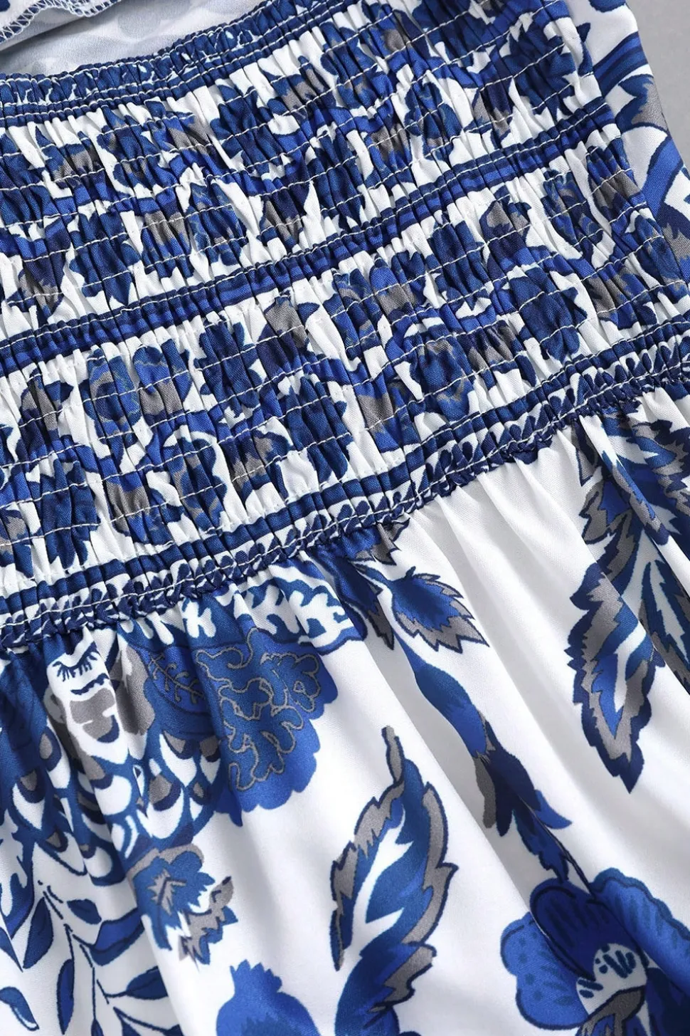 Cabeçada Floral Azul Branco Linha-A Vestido Verão com Fenda