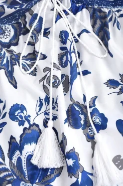 Cabeçada Floral Azul Branco Linha-A Vestido Verão com Fenda