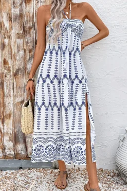 Cabeçada Floral Azul Branco Linha-A Vestido Verão com Fenda