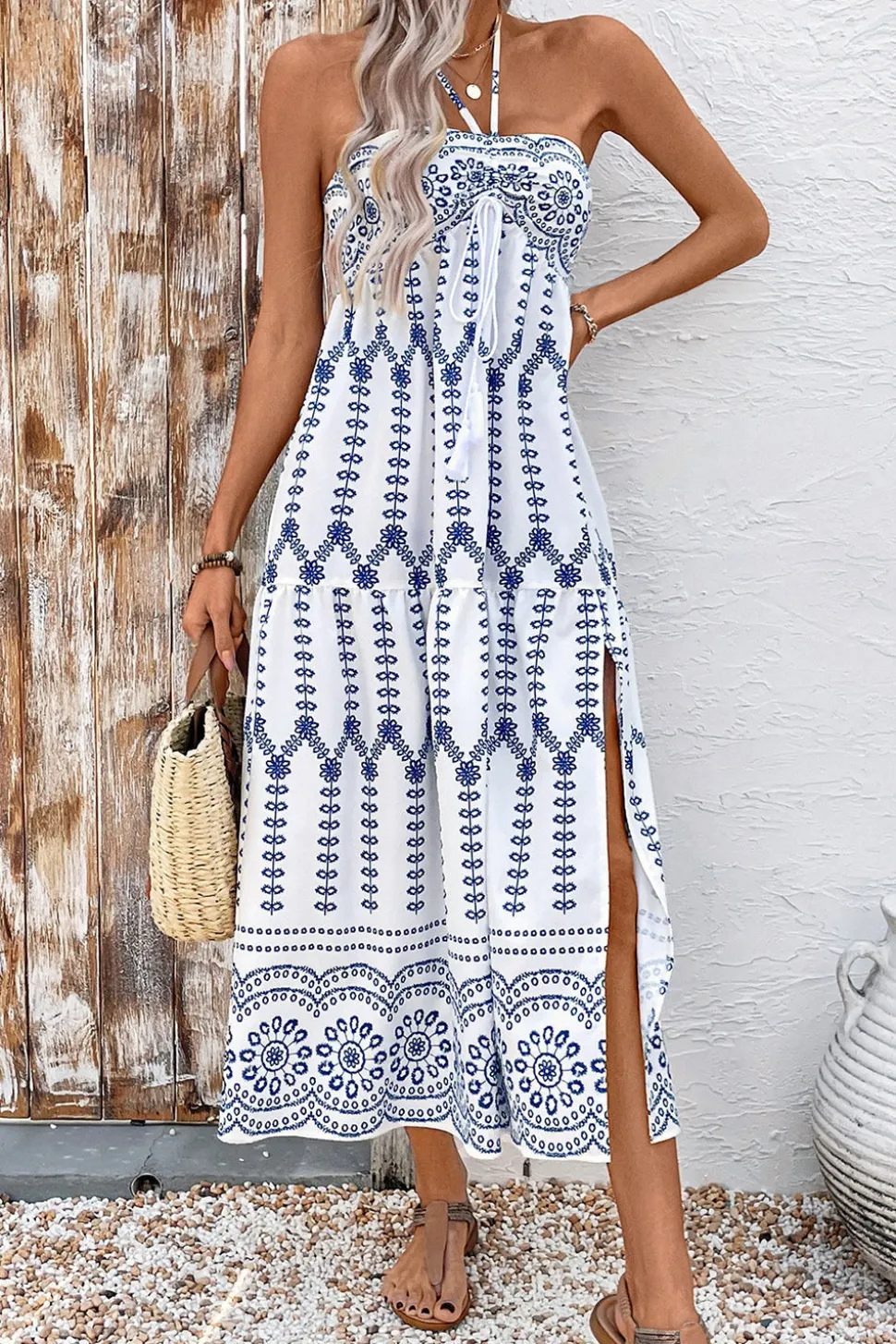 Cabeçada Floral Azul Branco Linha-A Vestido Verão com Fenda
