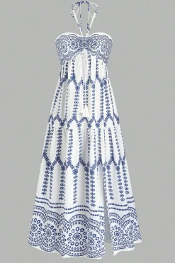 Cabeçada Floral Azul Branco Linha-A Vestido Verão com Fenda
