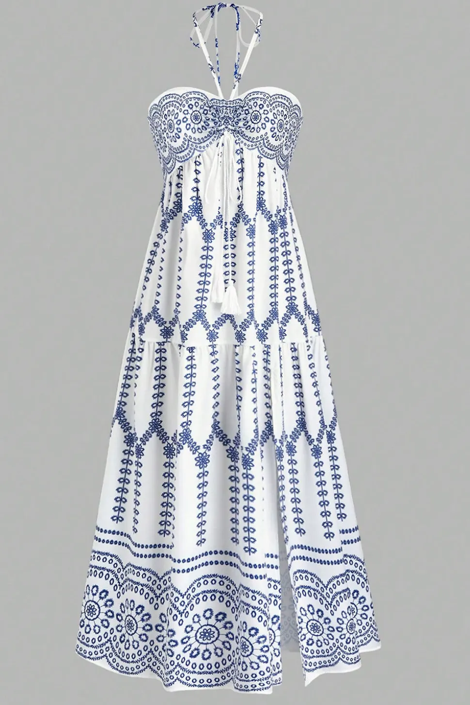 Cabeçada Floral Azul Branco Linha-A Vestido Verão com Fenda