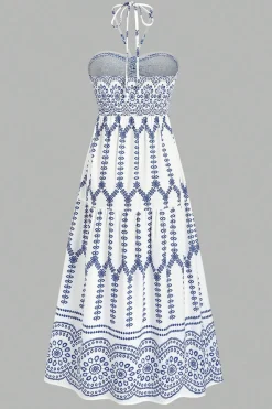 Cabeçada Floral Azul Branco Linha-A Vestido Verão com Fenda