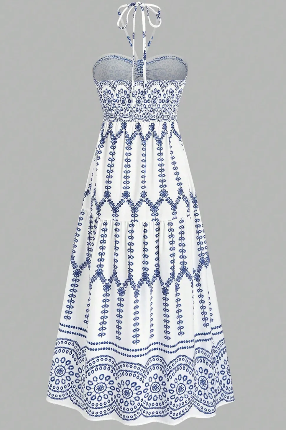 Cabeçada Floral Azul Branco Linha-A Vestido Verão com Fenda