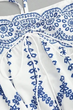 Cabeçada Floral Azul Branco Linha-A Vestido Verão com Fenda