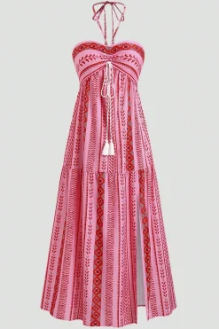 Cabeçada Floral Azul Branco Linha-A Vestido Verão com Fenda
