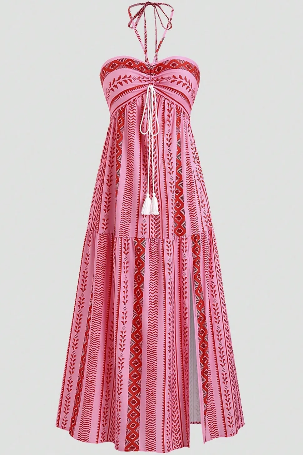 Cabeçada Floral Azul Branco Linha-A Vestido Verão com Fenda