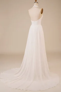 Cabeçada Marfim Linha-A Longos Vestido De Noiva Simples com Fenda