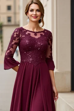 Cabernet Apliques Linha-A Longos Vestido Mae Noiva com Renda