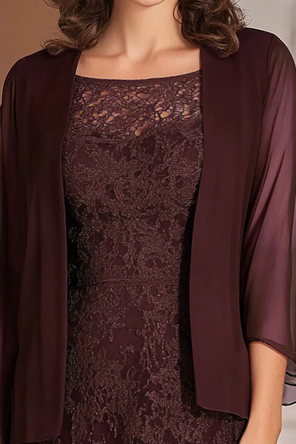 Cabernet Coluna de pescoço quadrado Chiffon Long Mãe do vestido de noiva com apliques de renda