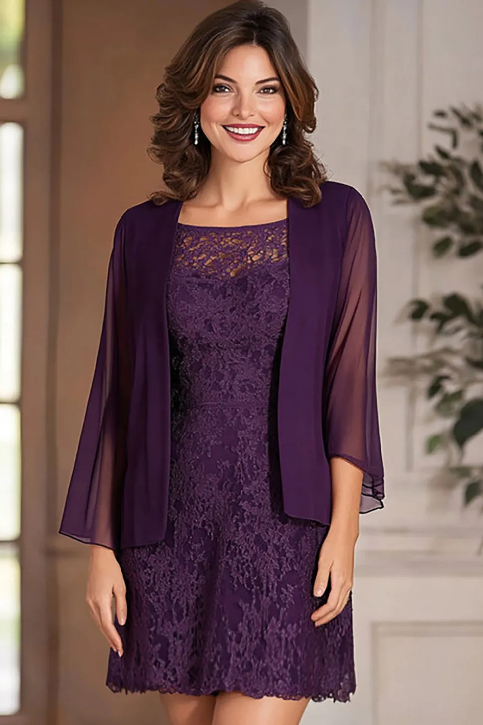 Cabernet Coluna de pescoço quadrado Chiffon Long Mãe do vestido de noiva com apliques de renda