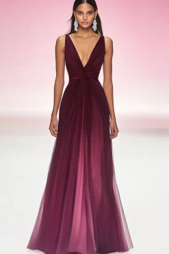 Cabernet V-Neck Uma linha plissado vestido tapete vermelho