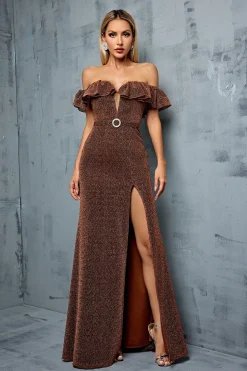 Café brilhante fora do ombro babado bainha vestido formal com fenda