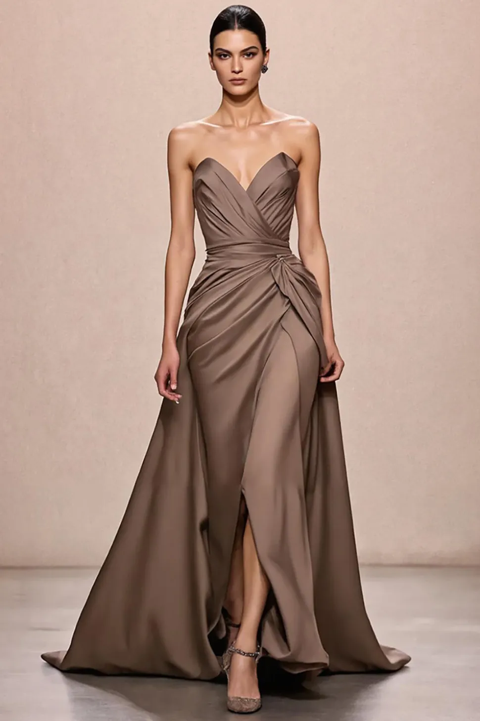 Café Cetim A-Line Ruched Strapless Vestido de Noite Longo