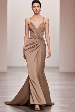 Café Cetim Sereia Esparguete Correias Longo Vestido de Noite