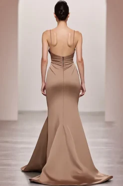 Café Cetim Sereia Esparguete Correias Longo Vestido de Noite