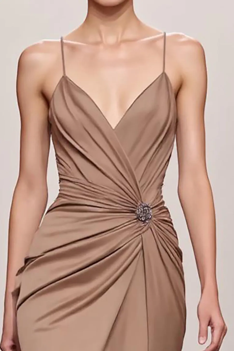 Café Cetim Sereia Esparguete Correias Longo Vestido de Noite