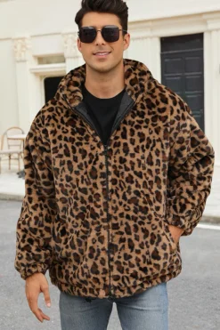 Café Leopard Faux Fur Homens Casaco de inverno com Bolsos