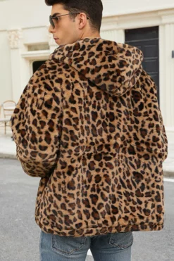 Café Leopard Faux Fur Homens Casaco de inverno com Bolsos