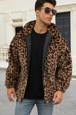 Café Leopard Faux Fur Homens Casaco de inverno com Bolsos