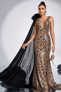 Café Leopardo Impresso Sereia V-neck Vestido Longo Baile