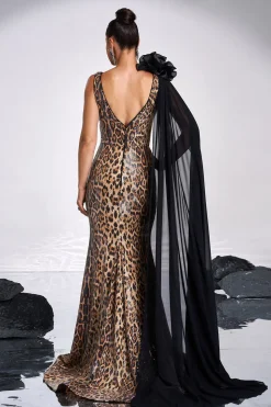 Café Leopardo Impresso Sereia V-neck Vestido Longo Baile