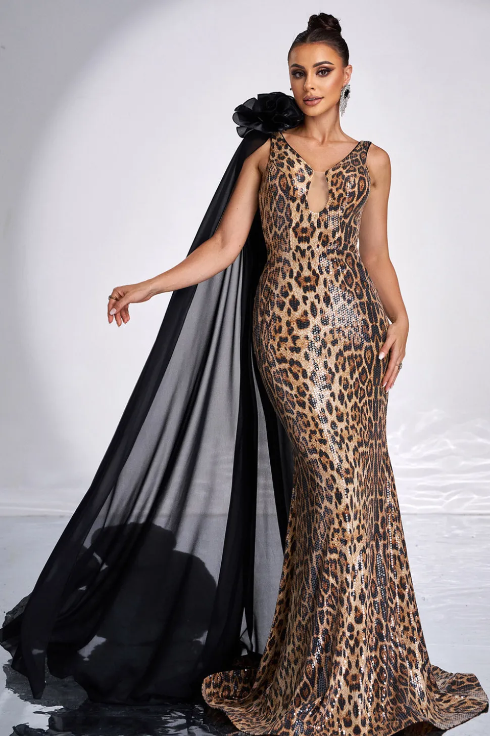 Café Leopardo Impresso Sereia V-neck Vestido Longo Baile