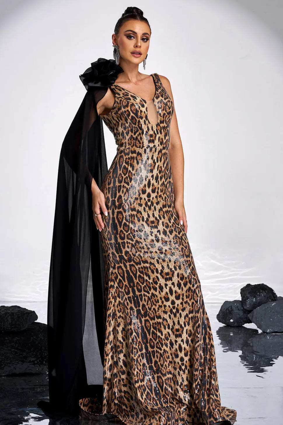 Café Leopardo Impresso Sereia V-neck Vestido Longo Baile