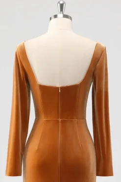 Cainha Castanho Pescoço Quadrado Veludo Mangas Longas Vestido de Dama de Honra Longo