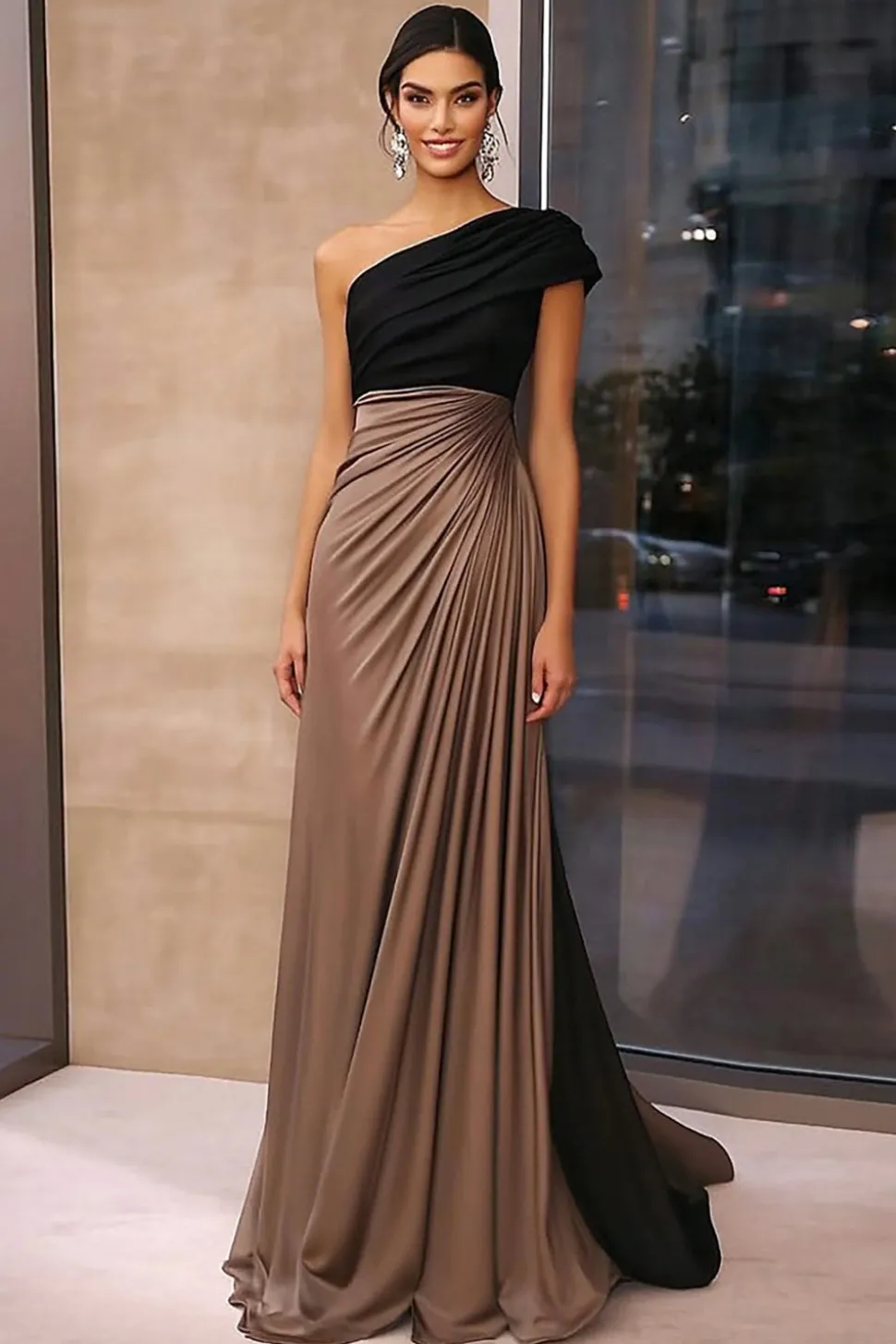 Cainha de Crepe Castanho Ruched One Shoulder Gala Dress