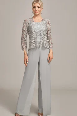 Calça Chiffon Prateada e Top de Renda Mãe da Noiva Wide Pant Suits