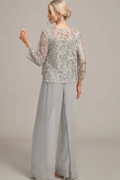 Calça Chiffon Prateada e Top de Renda Mãe da Noiva Wide Pant Suits
