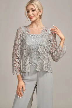 Calça Chiffon Prateada e Top de Renda Mãe da Noiva Wide Pant Suits
