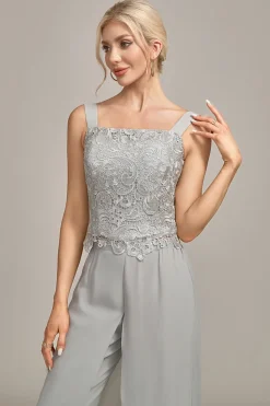 Calça Chiffon Prateada e Top de Renda Mãe da Noiva Wide Pant Suits