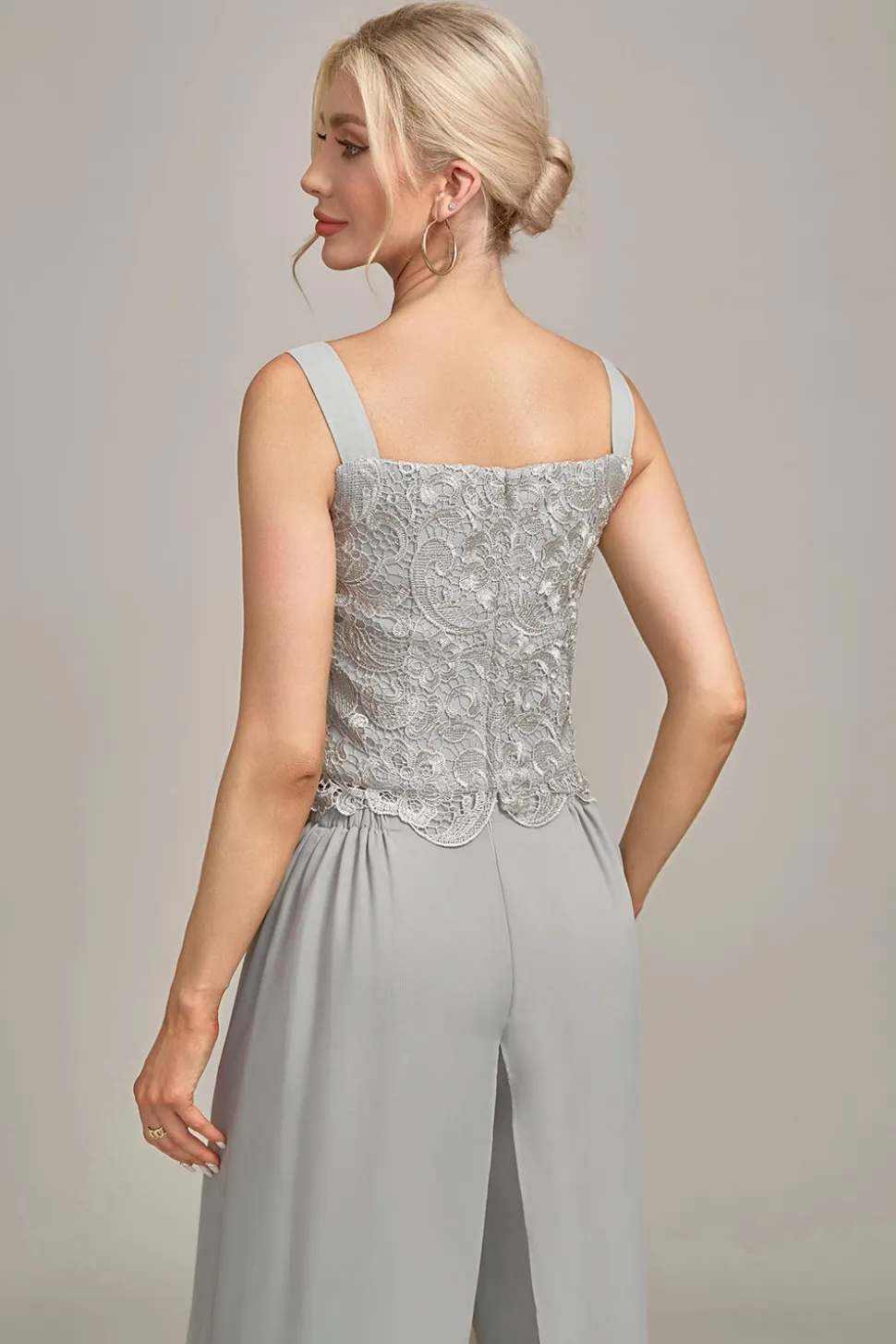 Calça Chiffon Prateada e Top de Renda Mãe da Noiva Wide Pant Suits