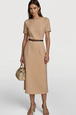 Camel cetim bodycon midi vestido de trabalho com mangas