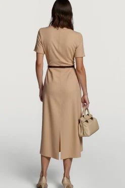 Camel cetim bodycon midi vestido de trabalho com mangas