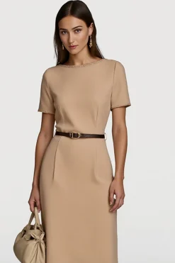 Camel cetim bodycon midi vestido de trabalho com mangas