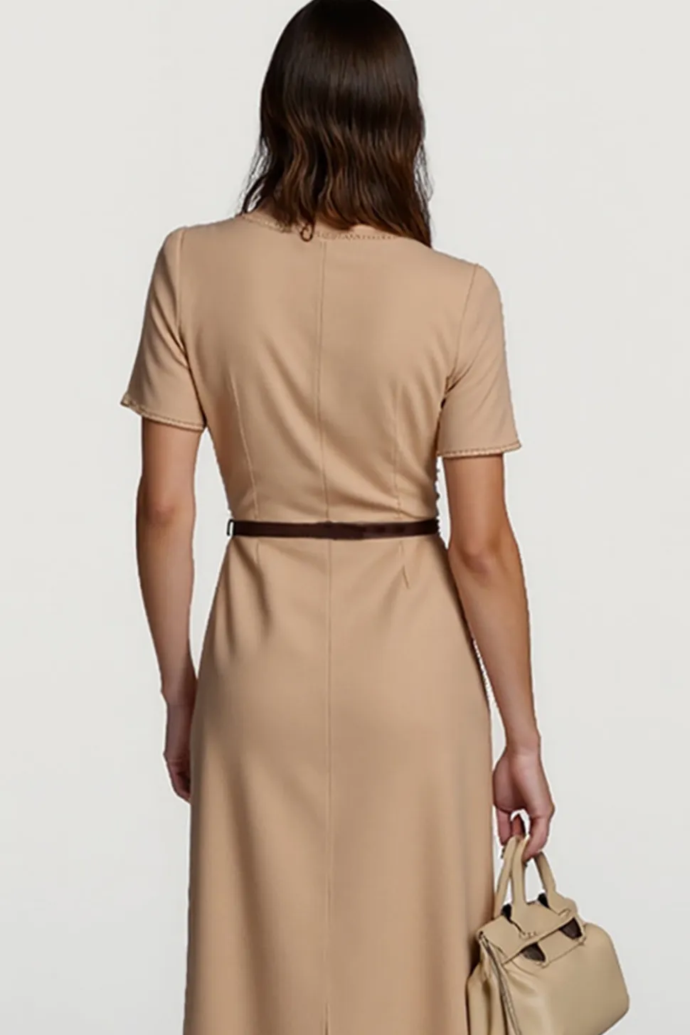 Camel cetim bodycon midi vestido de trabalho com mangas