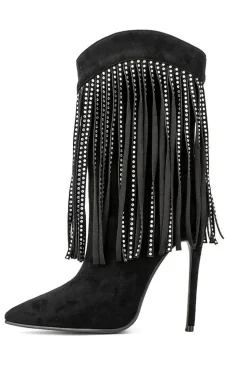 Camurça Preta Rhinestone Franjas Stiletto Heels Ankle Boots