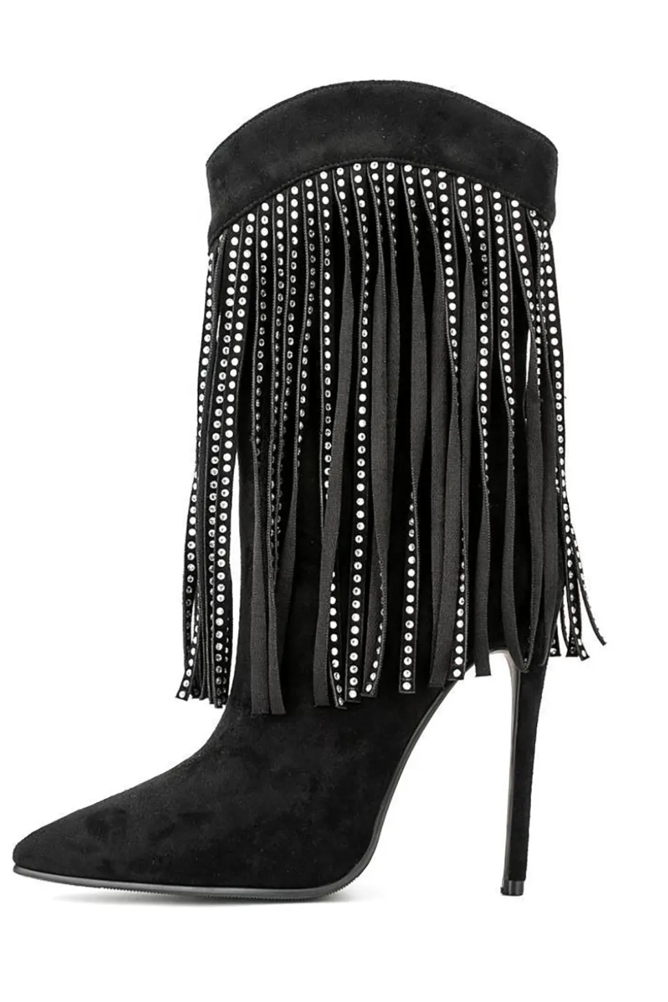 Camurça Preta Rhinestone Franjas Stiletto Heels Ankle Boots