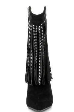 Camurça Preta Rhinestone Franjas Stiletto Heels Ankle Boots