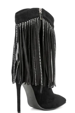 Camurça Preta Rhinestone Franjas Stiletto Heels Ankle Boots
