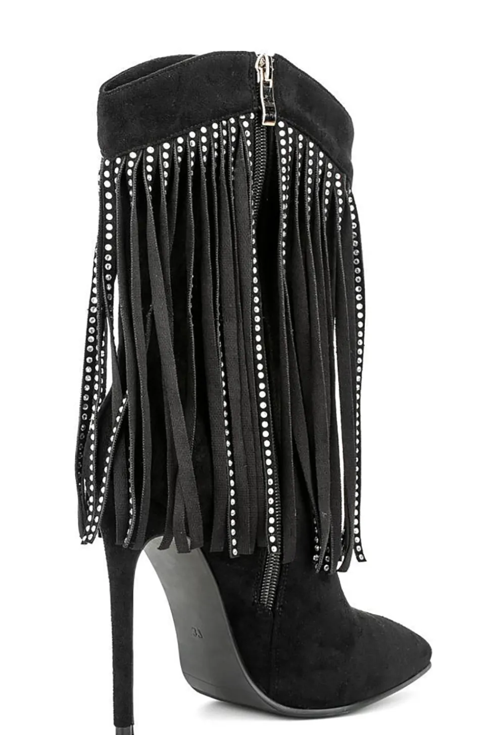 Camurça Preta Rhinestone Franjas Stiletto Heels Ankle Boots