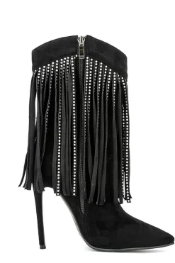 Camurça Preta Rhinestone Franjas Stiletto Heels Ankle Boots