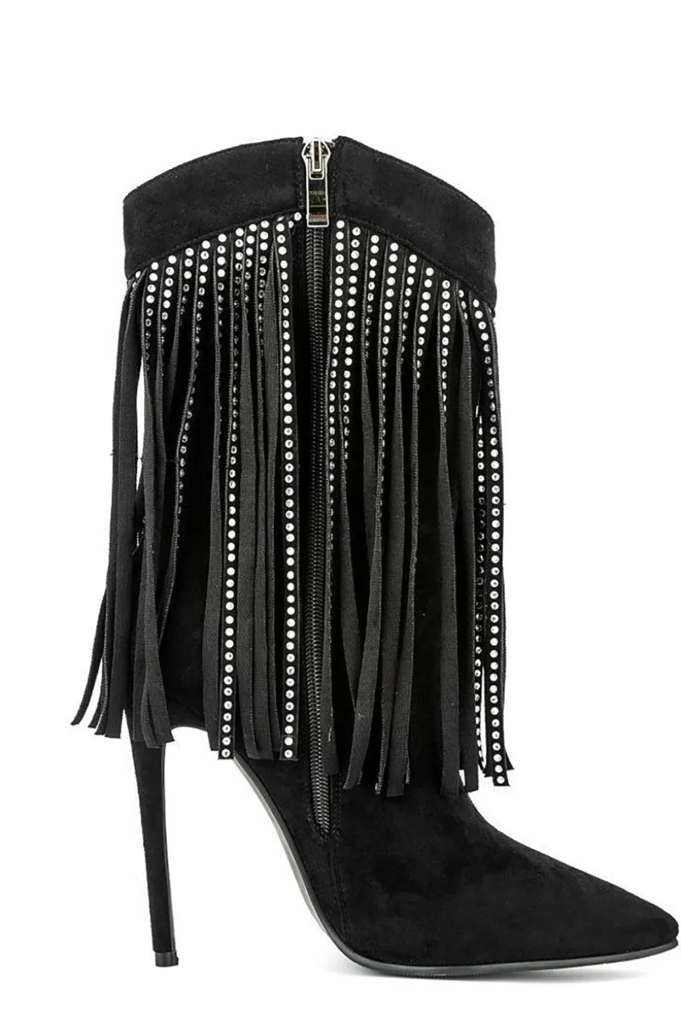 Camurça Preta Rhinestone Franjas Stiletto Heels Ankle Boots