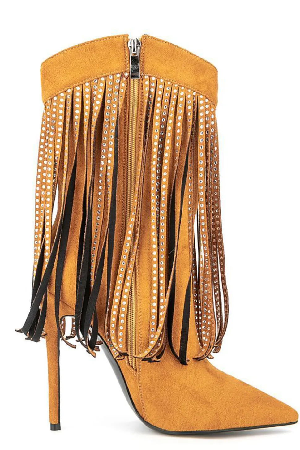 Camurça Preta Rhinestone Franjas Stiletto Heels Ankle Boots