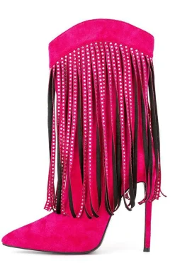 Camurça Preta Rhinestone Franjas Stiletto Heels Ankle Boots