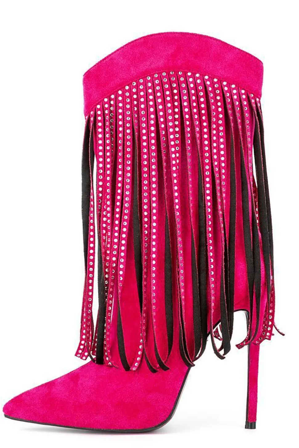 Camurça Preta Rhinestone Franjas Stiletto Heels Ankle Boots