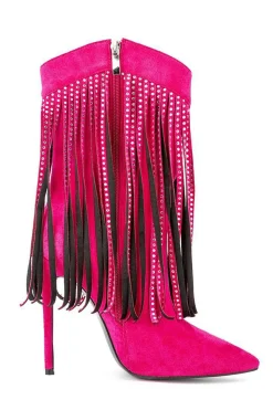 Camurça Preta Rhinestone Franjas Stiletto Heels Ankle Boots